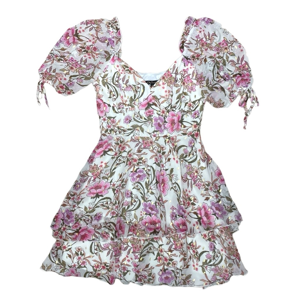 Mini Floral Metallic Ruffle A Line Juniors Romantic Tiered  Coquette Dress